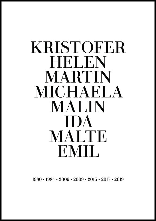 Personlig poster Family picture - 8 Names & Birth years - White