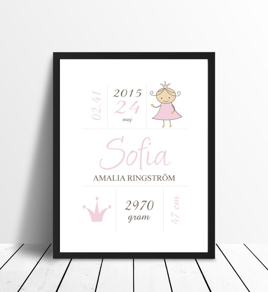 Personlig poster Princess Birth Poster Pink