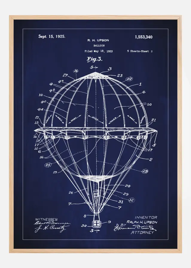 Bildverkstad Patent drawing - Hot air balloon - Blue Poster