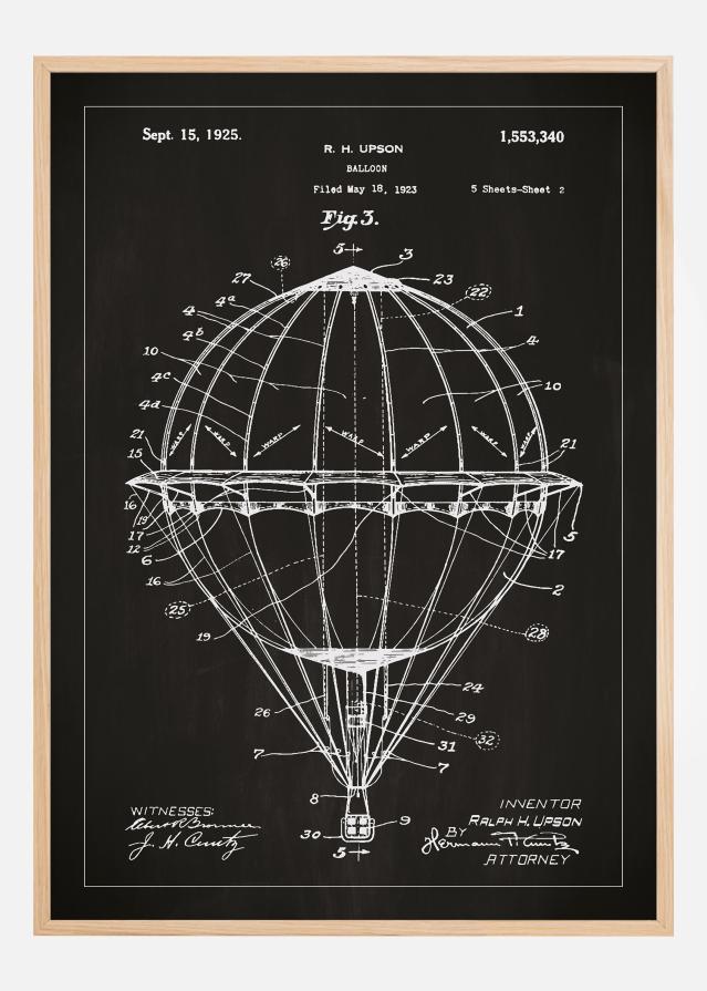 Bildverkstad Patent drawing - Hot air balloon - Black Poster